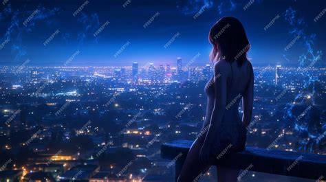 Premium Ai Image Araffe Woman Sitting On A Ledge Overlooking A City