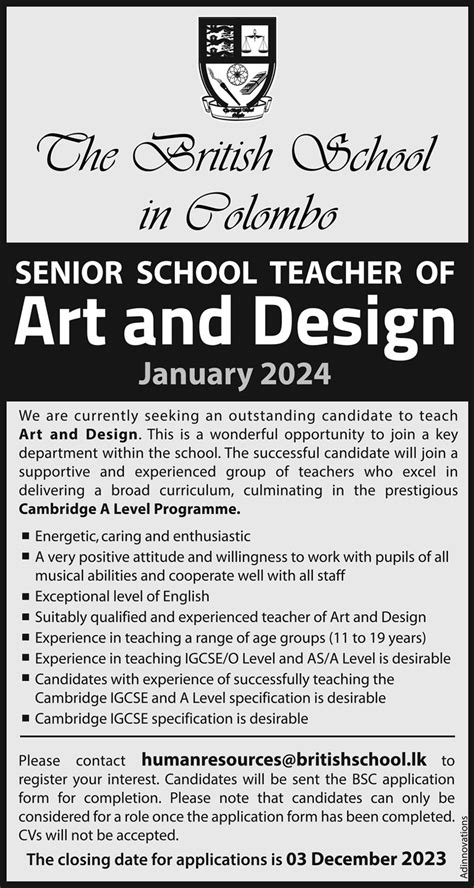 Senior School Teacher Of Art And Design The British School In Colombo