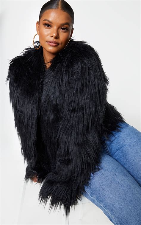 Plus Black Faux Fur Shaggy Cropped Jacket Plus Size Prettylittlething Usa