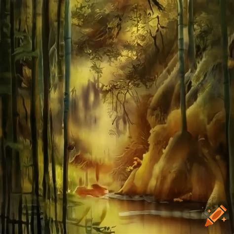 Colorful Painting Of A Bamboo Forest With Pandas On Craiyon