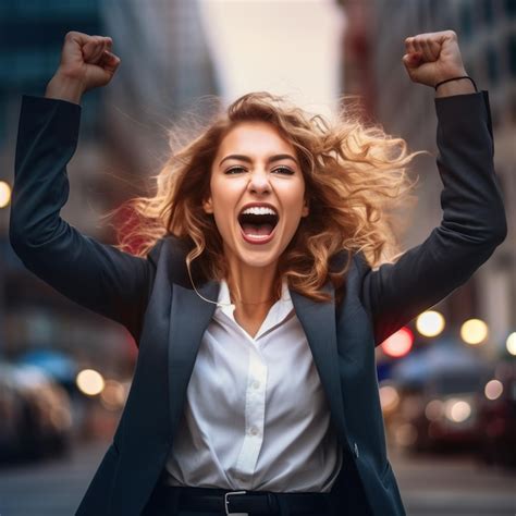 Premium Ai Image Beautiful Blonde Woman In Elegant Suit Celebrating