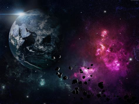 Blue Planet With Asteroids And Purple Nebula D Wallpaper Hd Wallpaper