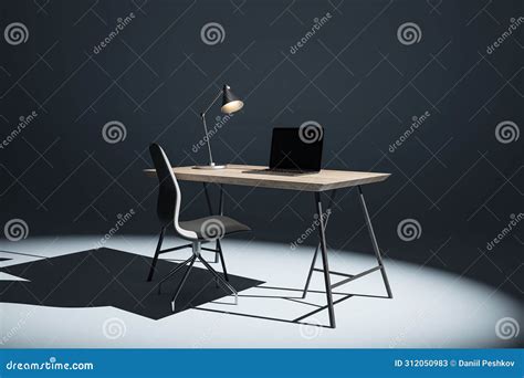 Modern Dark Spotlight Office Interior With Mock Up Laptop Computer On