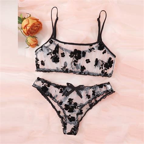 Munlar Floral Lace Womens Lingerie Sleepwear Sheer Underwear Set Sexy