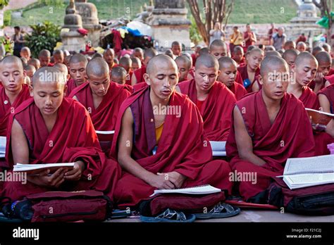 India Bihar Bodhgaya Large Group Of Seated Young Buddhist Monks