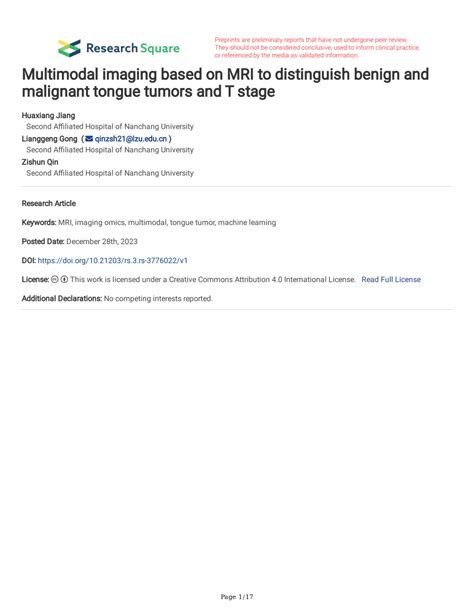 PDF Multimodal Imaging Based On MRI To Distinguish Benign And