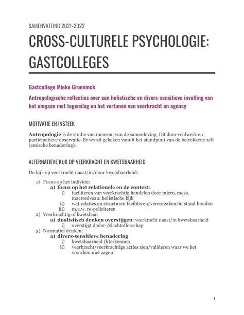 Samenvatting Gastcolleges Cross Culturele Psychologie SAMENVATTING