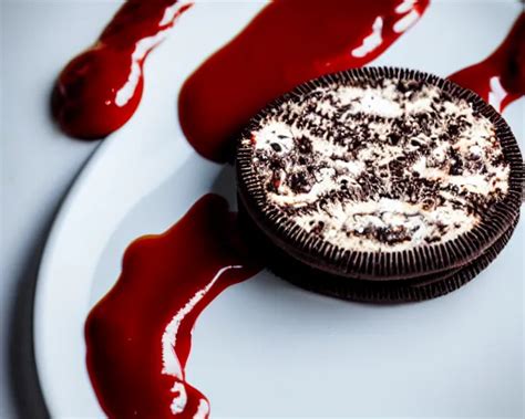 Dlsr Food Photograph Of An Oreo Dipped In Ketchup On Stable