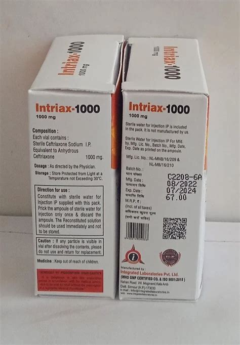 Allopathic Injection Ceftriaxone Sodium 1gm INTRIAX 1000 Packaging