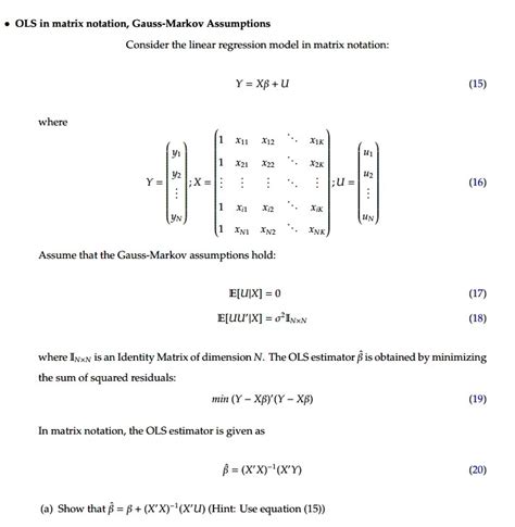 Solved OLS In Matrix Notation Gauss Markov Assumptions Chegg