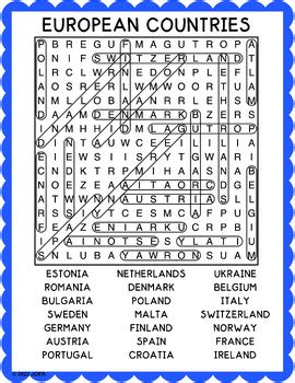 European Countries Word Search By Jennifer Olson Educational Resources