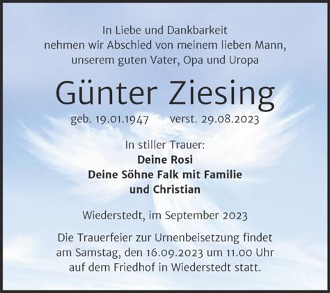 Traueranzeigen von Günter Ziesing abschied nehmen de