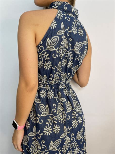 Vestido Midi Catarina Regata Denim Bordado Floral Es Gola Polo