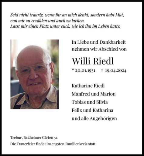 Traueranzeigen Von Willi Riedl Vrm Trauer De