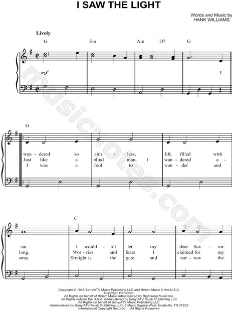 Hank Williams I Saw The Light Sheet Music Easy Piano In G Major Transposable Download