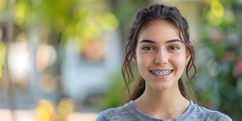 Premium Photo Young Woman With Braces Showing Progress In Teeth