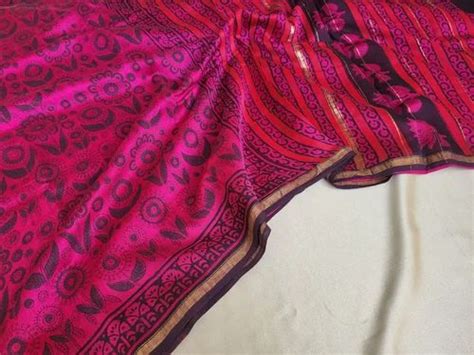 Hand Block Printed Chanderi Silk Sarees 6 3 M With Blouse Piece At