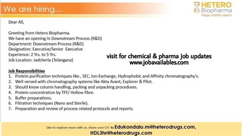 Hetero Biopharma Job Opening For Downstream Process R D Dept