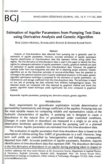 Pdf Estimation Of Aquifer Parameters From Pumping Test Data Using Derivative Analysis And