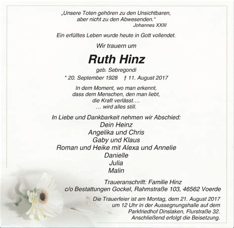 Traueranzeigen Von Ruth Hinz Trauer In Nrw De