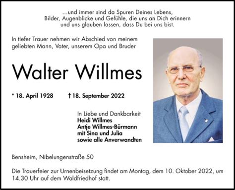 Traueranzeigen Von Walter Willmes Trauerportal Ihrer Tageszeitung