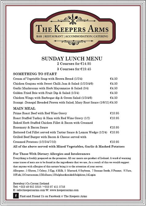 Sunday Lunch Menu 01 The Keepers Arms
