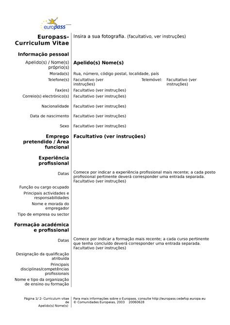 Cvtemplate Portugues Dada Europass Curriculum Vitae Insira A Sua Fotografia Facultativo