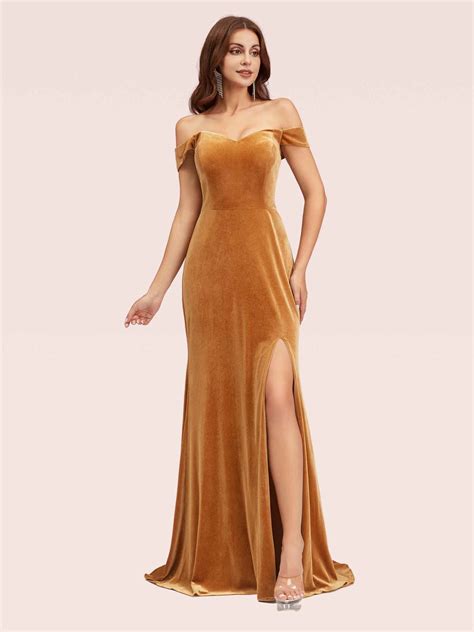 Elegant Side Slit Mermaid Off Shoulder Long Stretch Velvet Formal Prom