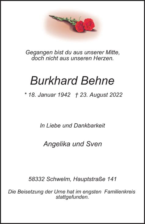 Traueranzeigen Von Burkhard Behne Trauer In NRW De