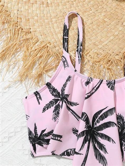 Tween Girl Coconut Tree Print Ruched Bikini Swimsuit Shein Usa