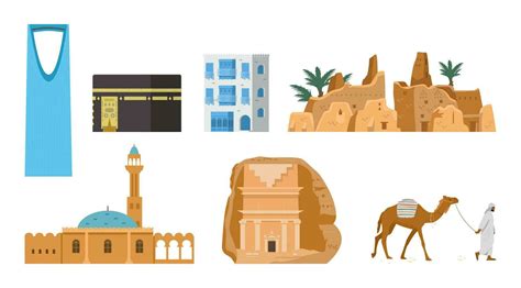 Saudi Arabia sightseeing vector illustrations set. Kaaba, mosque, tomb in AlUla, Al-Turaif ...