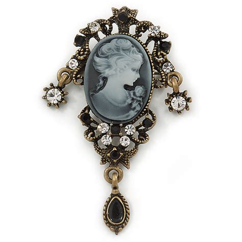 Vintage Cameo Locket Angel Key Flower And Chain Pin Brooch Burn