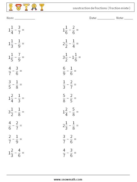 (20) soustraction de fractions ( fraction mixte ) Fiches d'Exercices de ...