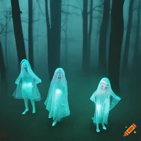 Art Of Transparent Blue Ghost Girls Playing In A Dark Forest On Craiyon