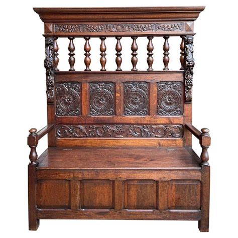 Antique Hall Bench Entryway Bench Carved Oak Settle Scotland 1880