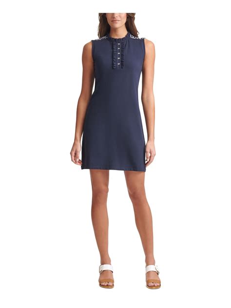 Tommy Hilfiger Womens Navy Stretch Eyelet Ruffled Embroidered Front