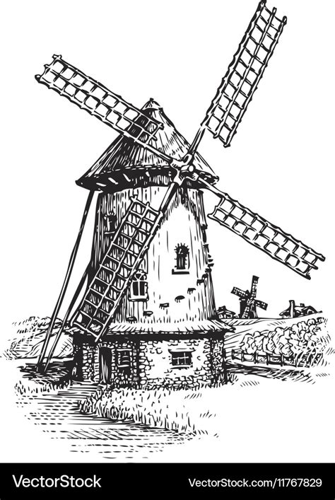 Windmill hand drawn vintage sketch Royalty Free Vector Image