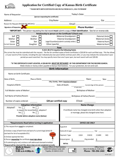 Application For Certified Copy Of Kansas Birth Certificate Fill Out