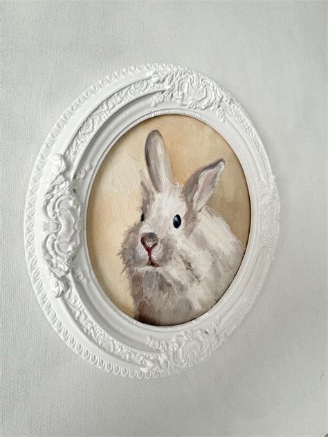 White Rabbit Original Oil Painting Small Miniature With Round Ceramic