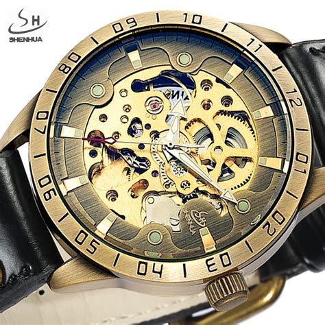 Shenhua Retro Bronze Skeleton Mechanical Watch Men Automatic Watches