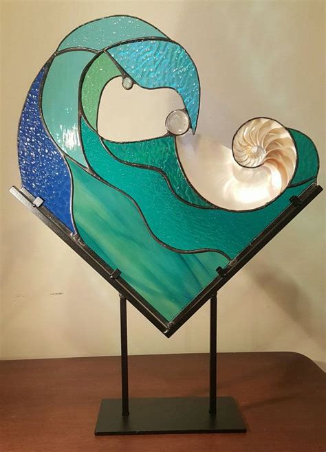 Wave Rider Ii One Of A Kind Stained Glass Featuring Split Polished Nautilus Shell Heavy