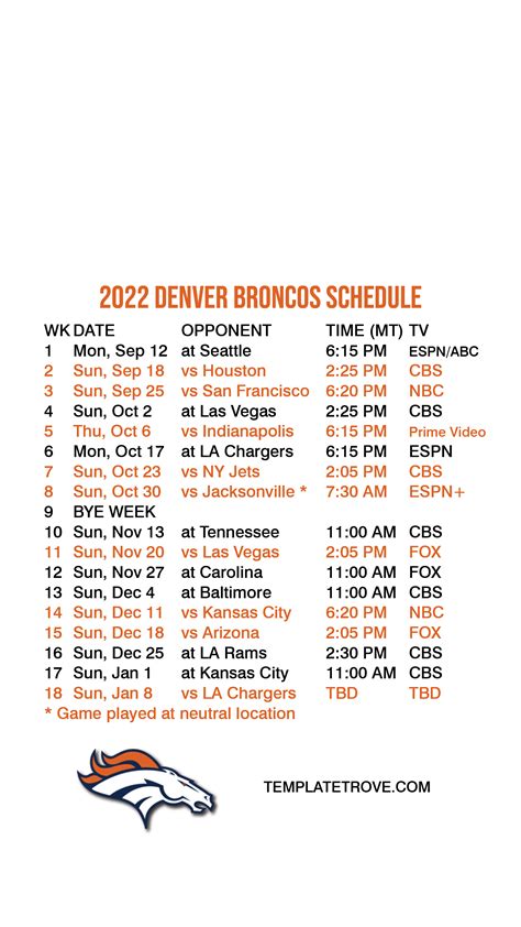 Denver Broncos Printable Schedule