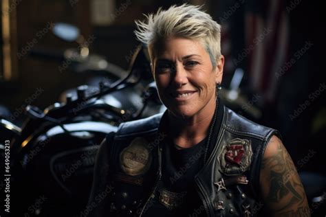 In A Leather Vest And Bandana The Muscular Build Of A Seasoned Lesbian Biker Stands Out Her