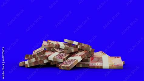 3d Animation Of Stacks Of 200 Ghanaian Cedi Notes Falling On Blue