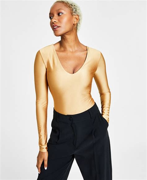 Bar Iii Womens Shine V Neck Long Sleeve Bodysuit Created For Macys