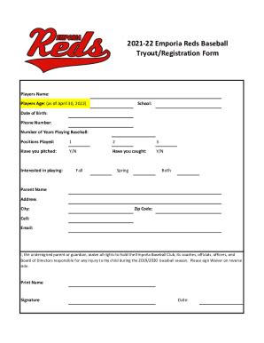 Fillable Online Emporia Reds Baseball Tryout Registration Form