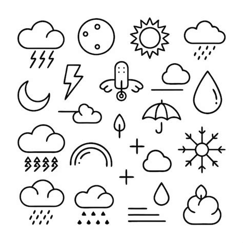 Collection Of Weather Icons Including Sun Moon Rain Snow Wind And