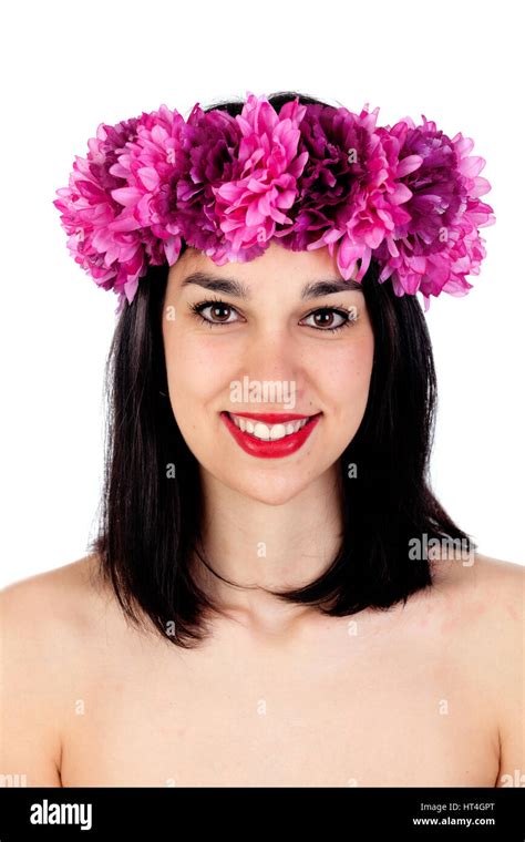 Beautiful Brunette Girl With Purple Flowers In Her Head Isolated On A White Background Stock