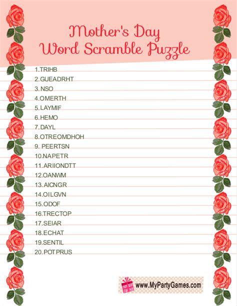 Free Printable Word Scramble Puzzle For Mothers Day