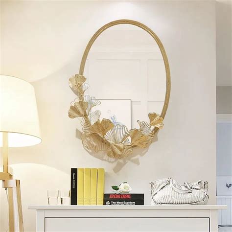 Hollow Out Ginkgo Leaves Wall Mirror In Gold Metal Frame Oval Wall